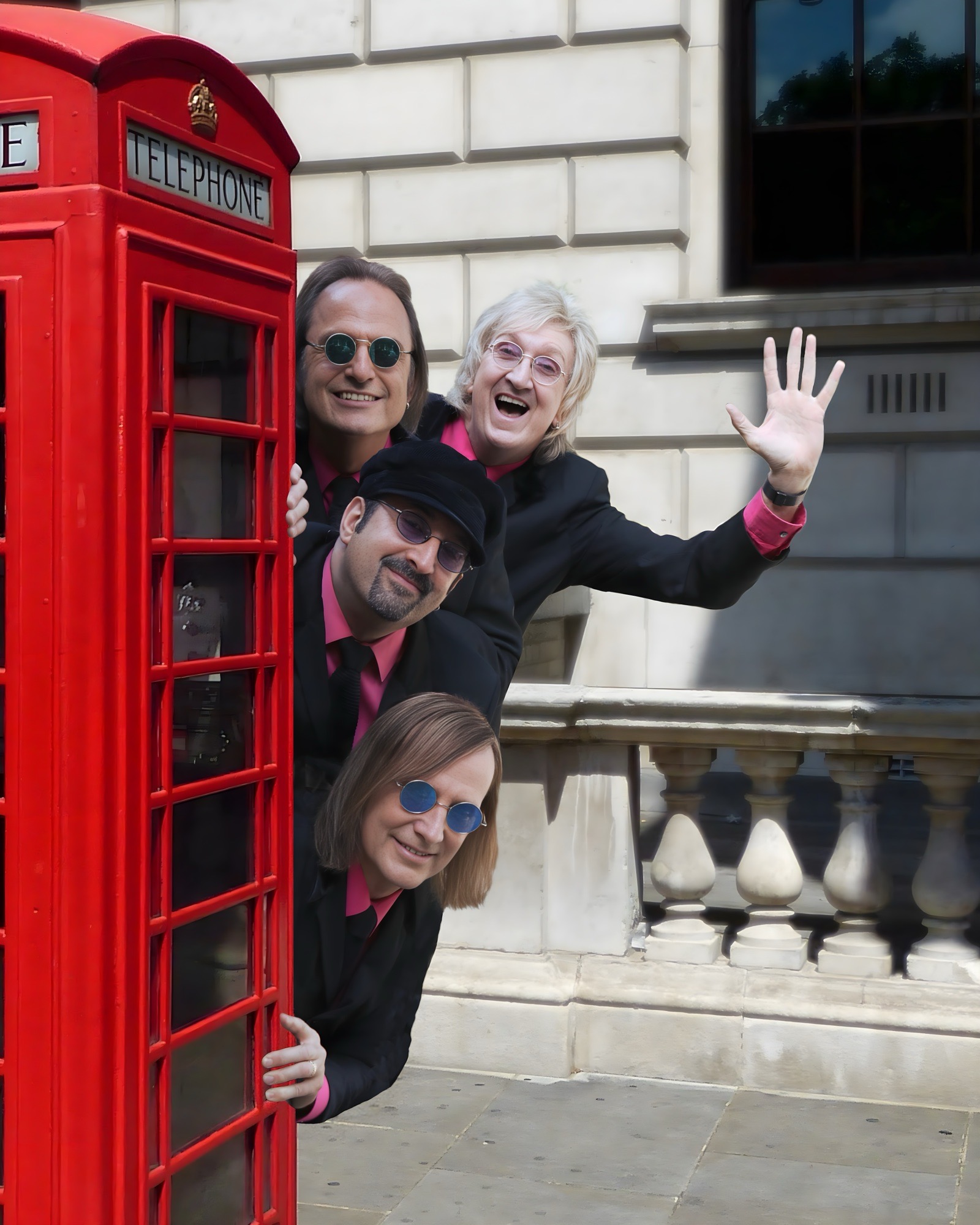 The British Invasion Years posing by a London phone booth